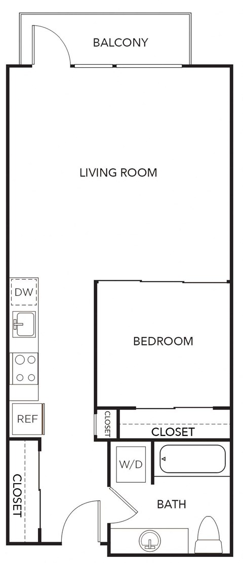 Floor plan for 1 bed, 1 bath, 672 sqft
